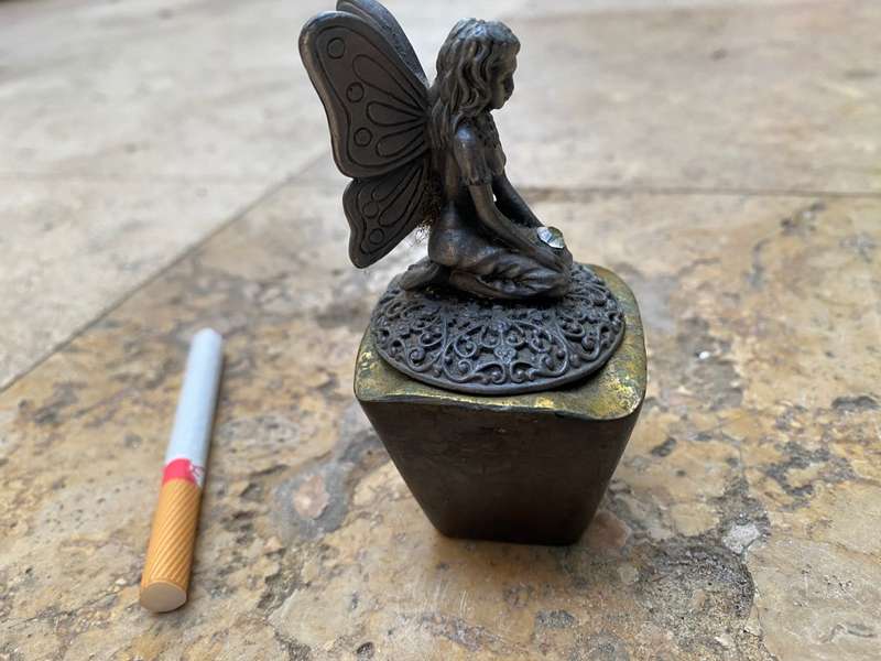 Pewter fairy angel on brass pedestal ashtray myth and magic trinket box