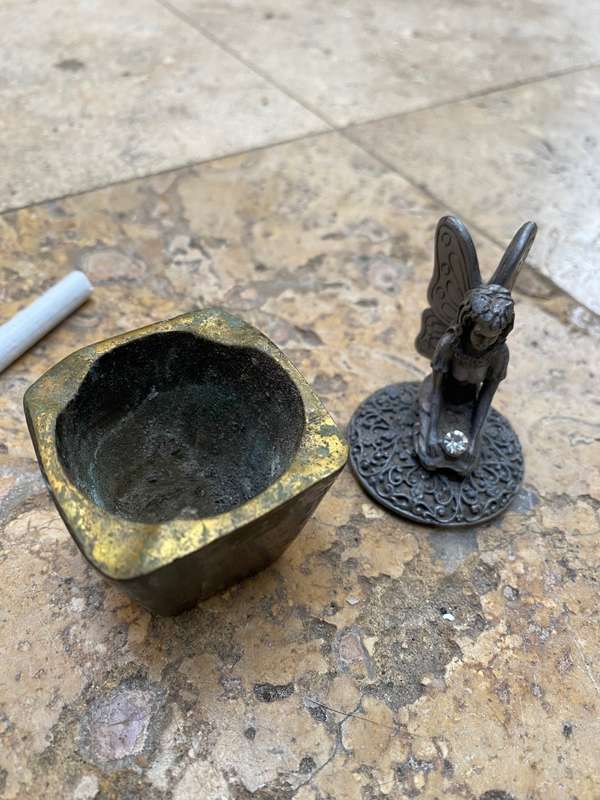 Pewter fairy angel on brass pedestal ashtray myth and magic trinket box