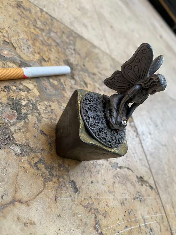 Pewter fairy angel on brass pedestal ashtray myth and magic trinket box