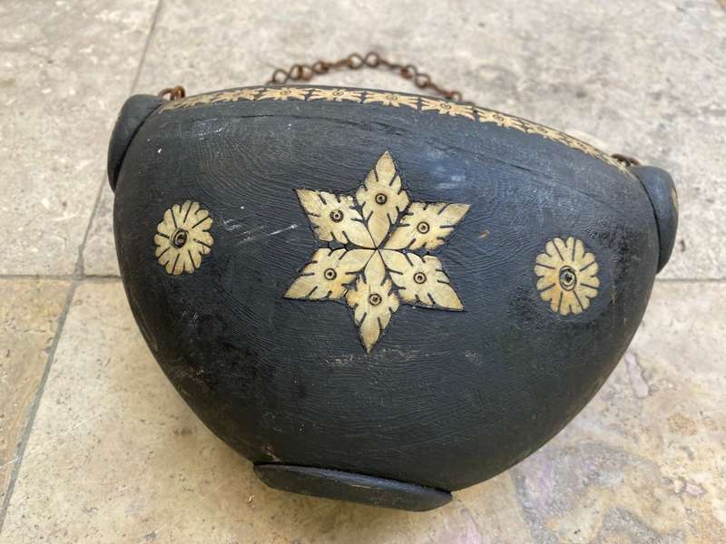 Antique wood carved bowl with inlaid detail pacific islands