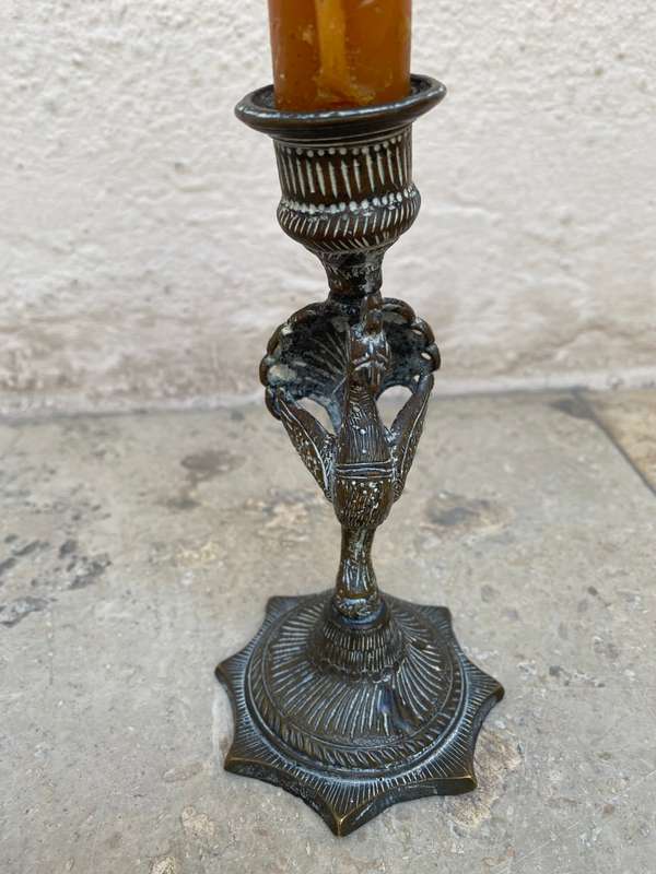 Vintage brass peacock engraved candlestick holder India