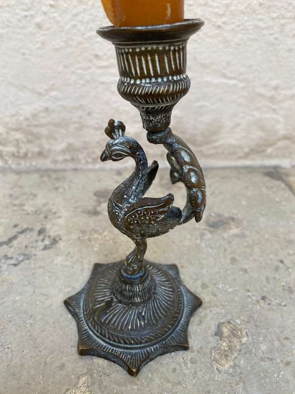 Vintage brass peacock engraved candlestick holder India