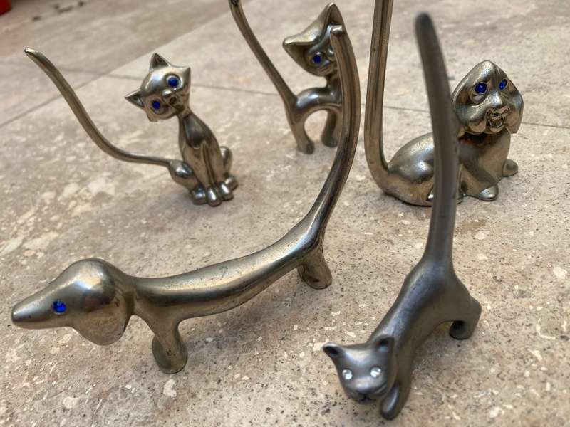 Silver pewter cat dachshund dog ornament`s with friends lot of 5 Crystal eyes