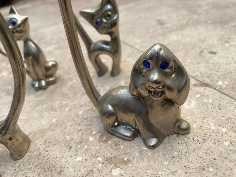 Silver pewter cat dachshund dog ornament`s with friends lot of 5 Crystal eyes