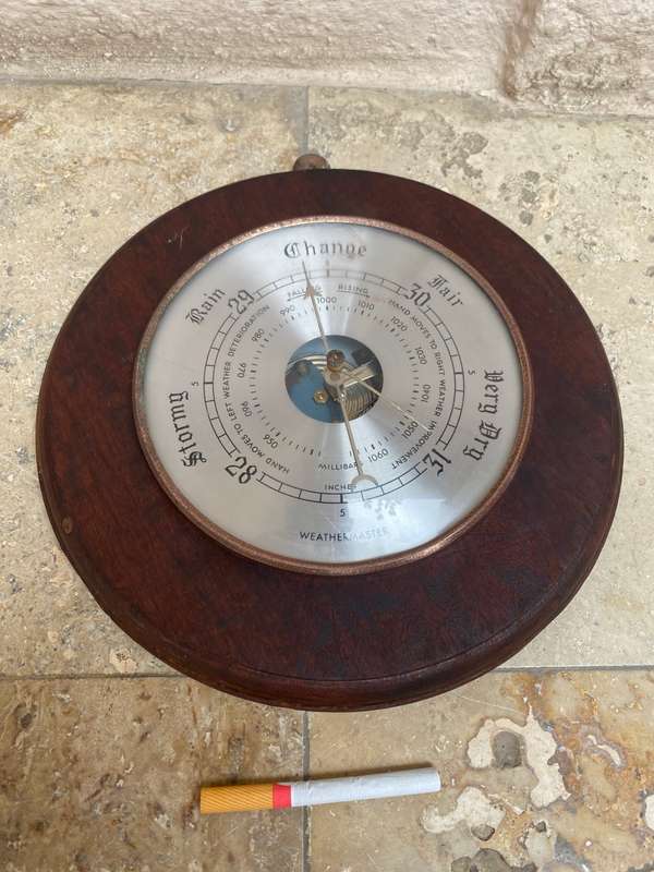 Vintage Weathermaster barometer solid round wood 24cm