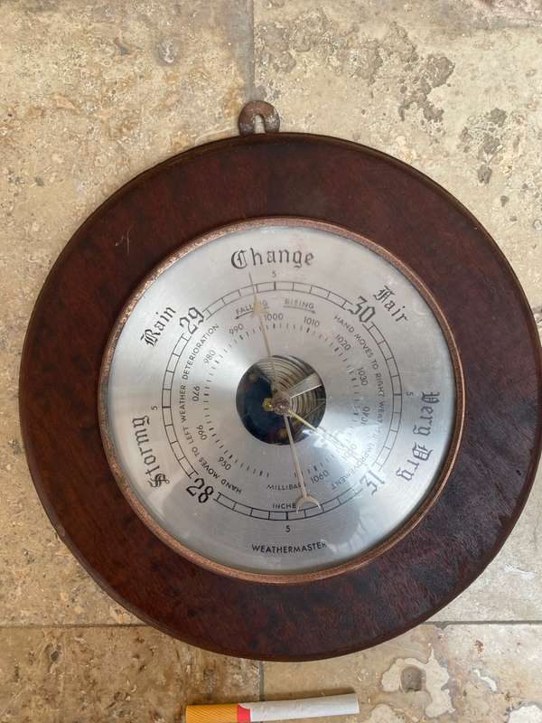 Vintage Weathermaster barometer solid round wood 24cm