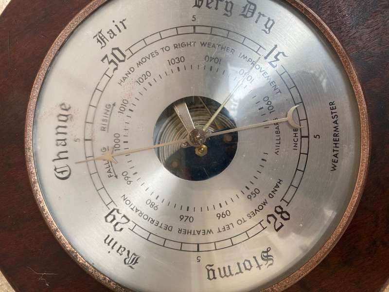 Vintage Weathermaster barometer solid round wood 24cm