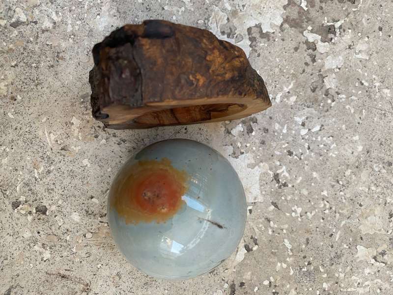 Jasper Polished precious stone sphere 8 cm diameter 24 c, circumference on carved wood base