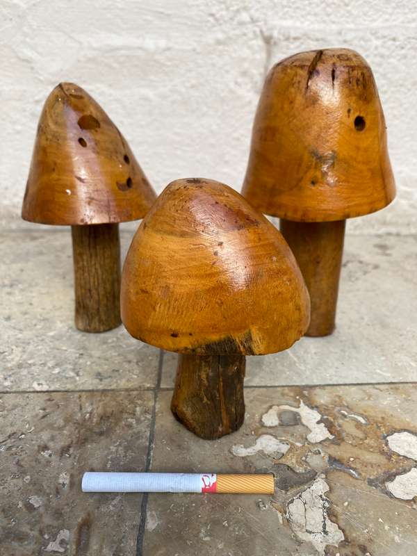 Wood mushrooms sculpture set of 3 folk art