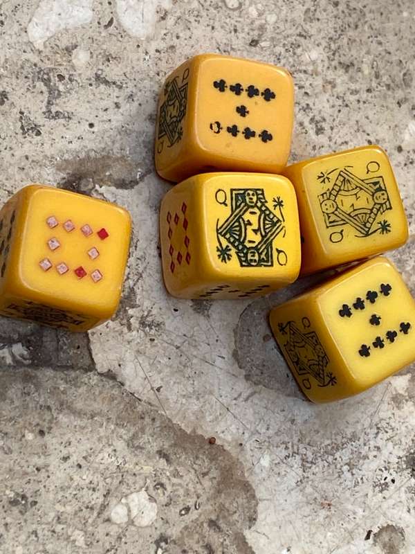 Vintage heart shaped trinket box India with old Bakelite poker dice
