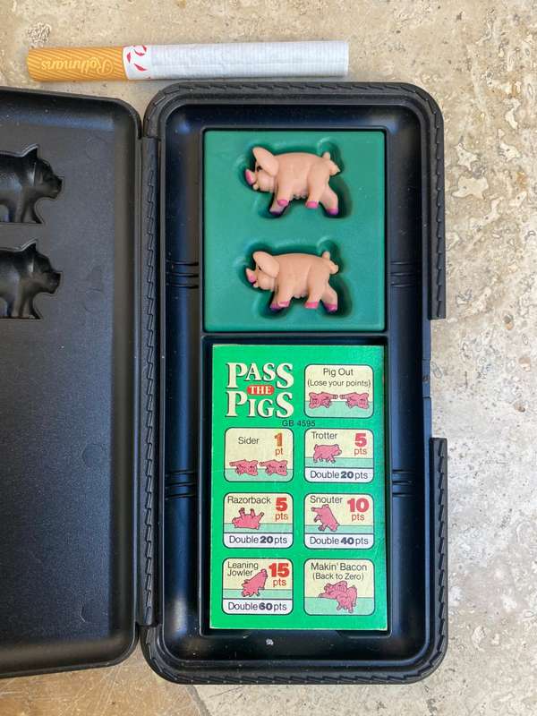 Vintage pass the pigs game MB + wood cradle pen holder