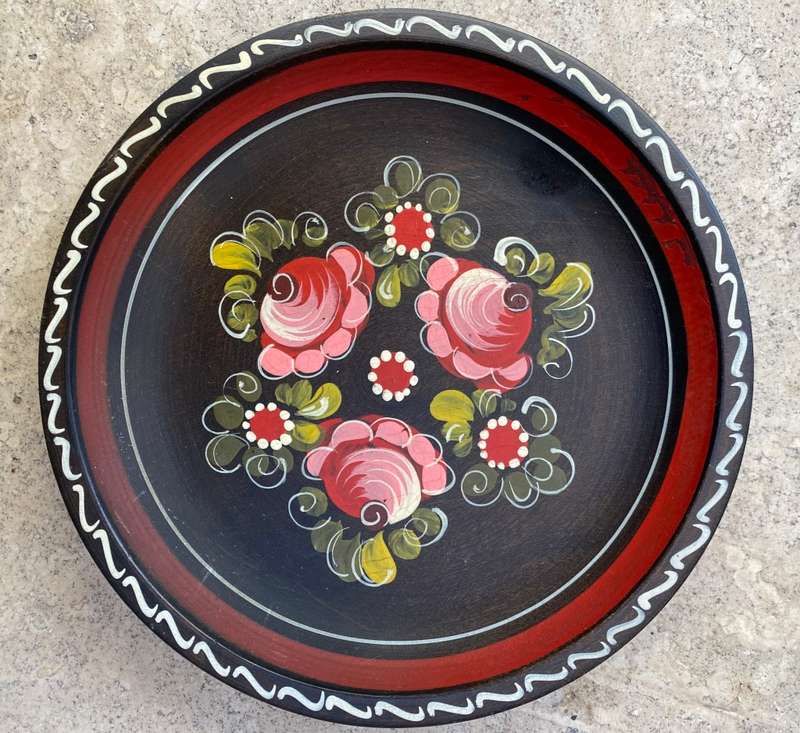 Pair of vintage folk art floral wood decorative wall plates hand painted