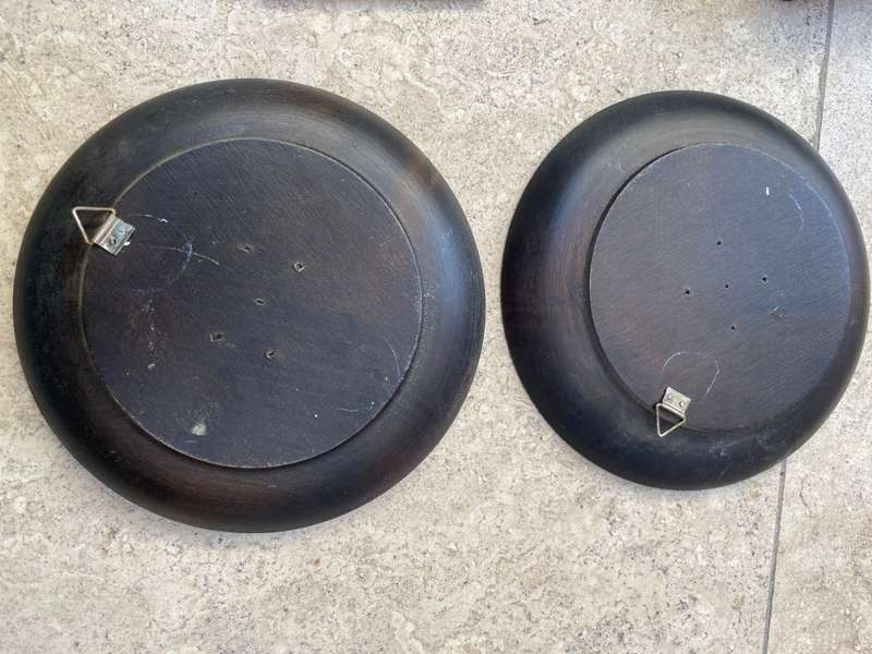 Pair of vintage folk art floral wood decorative wall plates hand painted