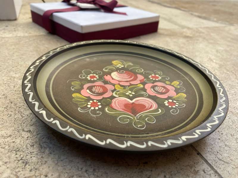 Pair of vintage folk art floral wood decorative wall plates hand painted