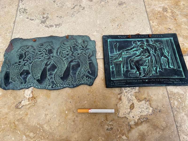 Vintage Greek terracotta wall plaque tile pair Ladies of Knossos , bronze 3d
