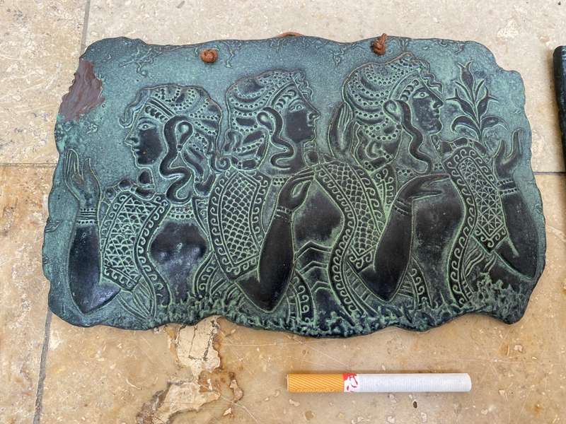 Vintage Greek terracotta wall plaque tile pair Ladies of Knossos , bronze 3d