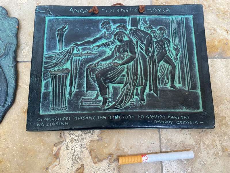 Vintage Greek terracotta wall plaque tile pair Ladies of Knossos , bronze 3d