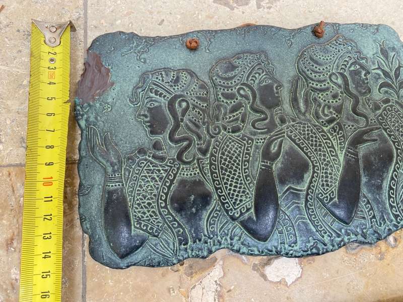 Vintage Greek terracotta wall plaque tile pair Ladies of Knossos , bronze 3d