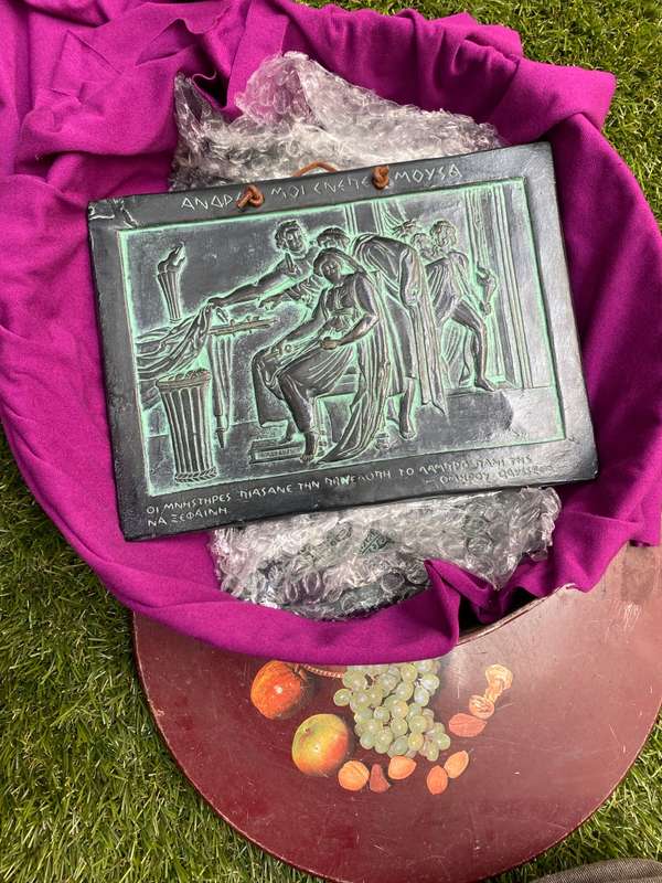 Vintage Greek terracotta wall plaque tile pair Ladies of Knossos , bronze 3d