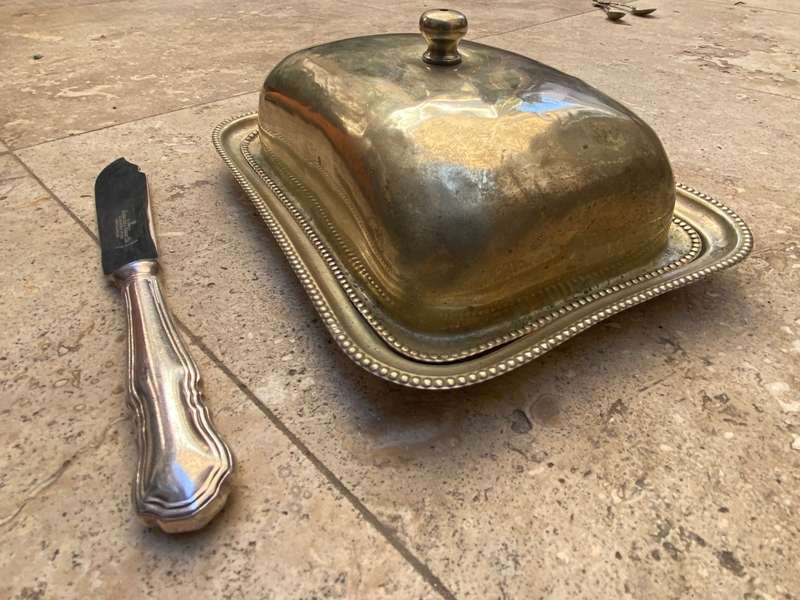 Vintage butter dish silver plate with butter knife Harrison Bros & Howson
