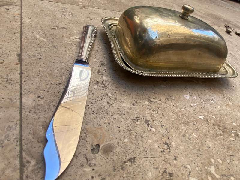 Vintage butter dish silver plate with butter knife Harrison Bros & Howson