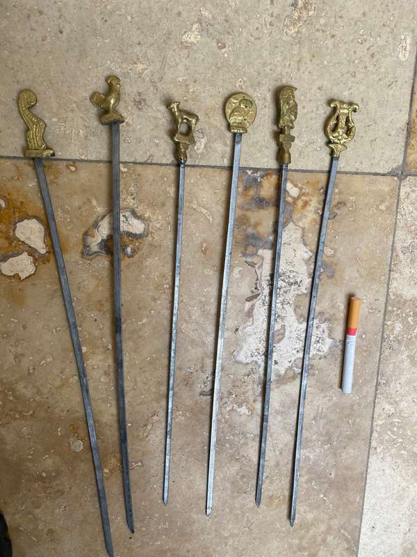 vintage stainless steel kebab skewers Roman Greek brass set of 6