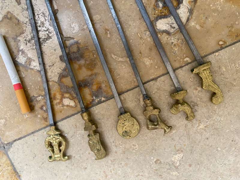 vintage stainless steel kebab skewers Roman Greek brass set of 6