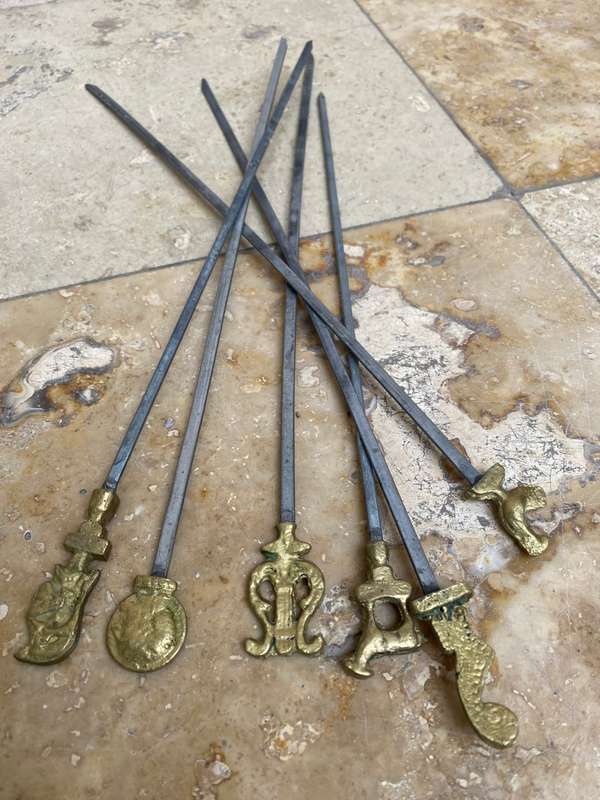 vintage stainless steel kebab skewers Roman Greek brass set of 6