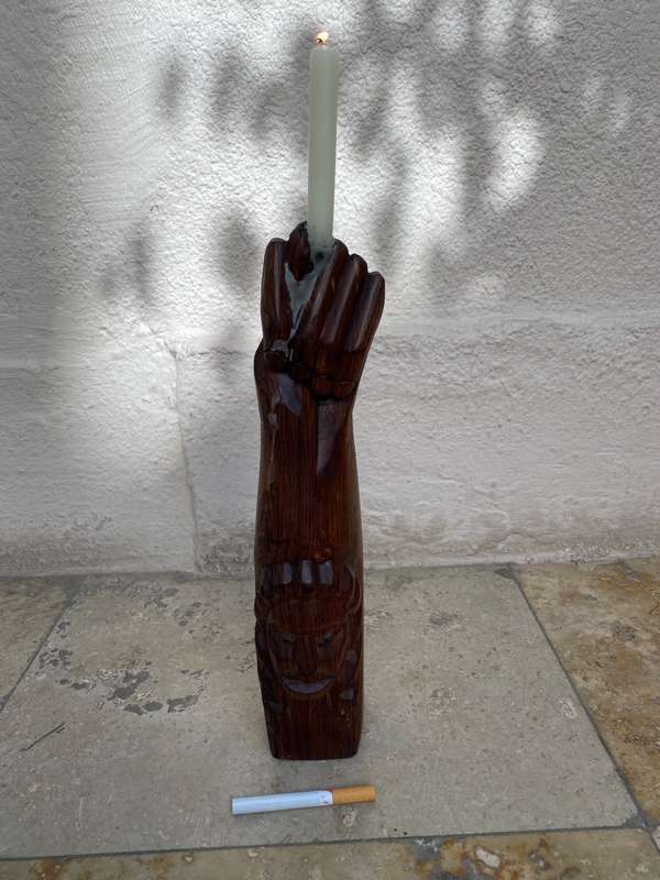 Vintage wood Indian totem hand statue candle holder