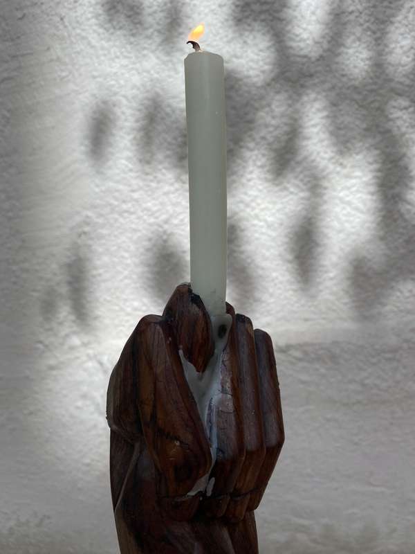 Vintage wood Indian totem hand statue candle holder