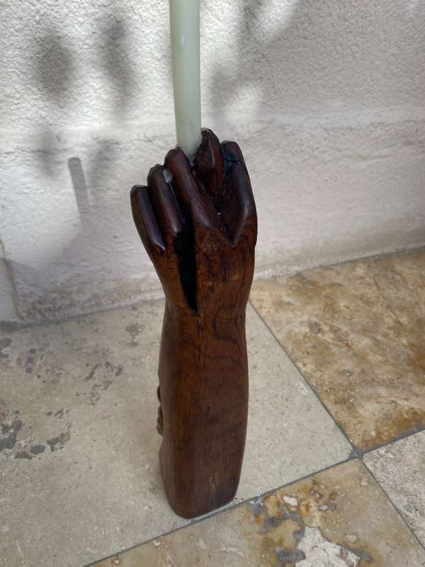 Vintage wood Indian totem hand statue candle holder