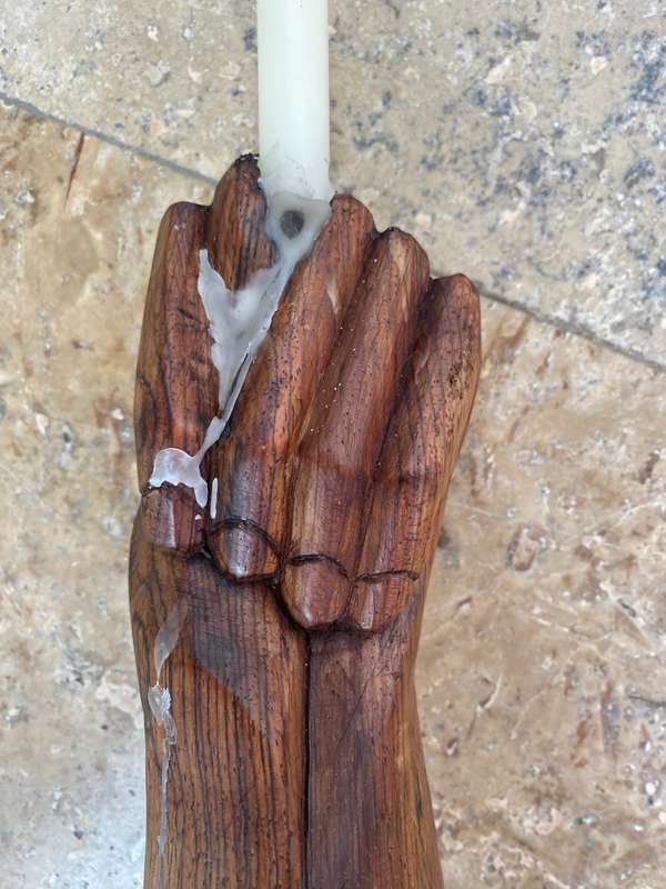Vintage wood Indian totem hand statue candle holder