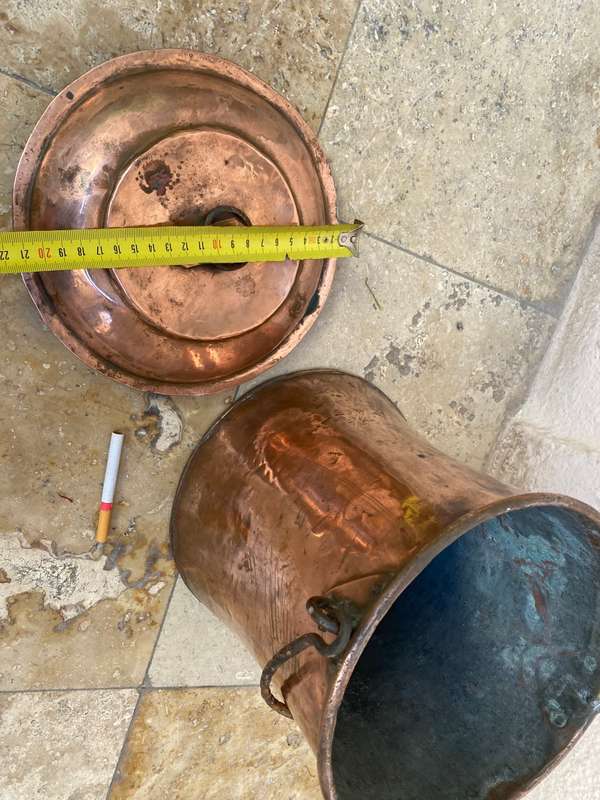 Antique large copper cauldron bail handle wrought iron pot + lid