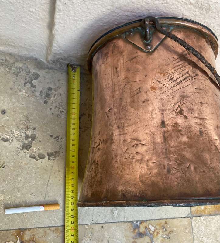 Antique large copper cauldron bail handle wrought iron pot + lid