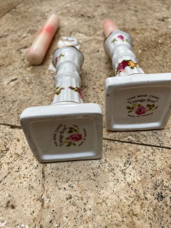 Cottage rose candle holder pair fine bone china