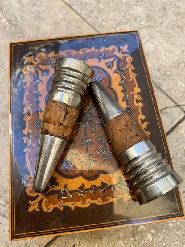 Vintage wine stopper pair heavy brass old music box tlc
