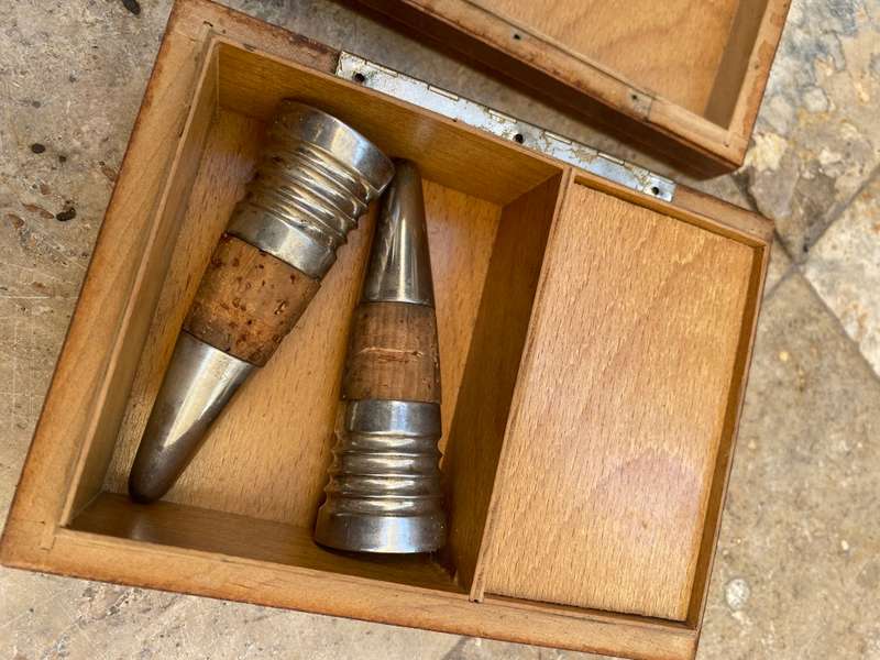 Vintage wine stopper pair heavy brass old music box tlc