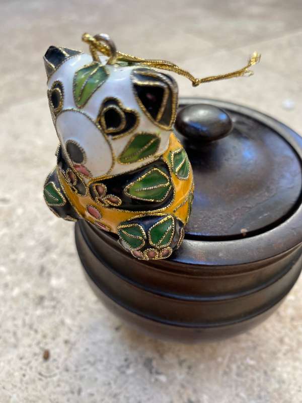 Vintage cloisonné enamel Christmas tree ornament in wood pot trinket box