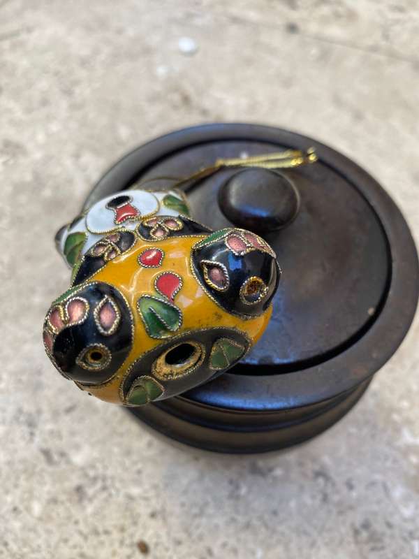 Vintage cloisonné enamel Christmas tree ornament in wood pot trinket box