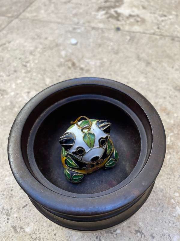 Vintage cloisonné enamel Christmas tree ornament in wood pot trinket box