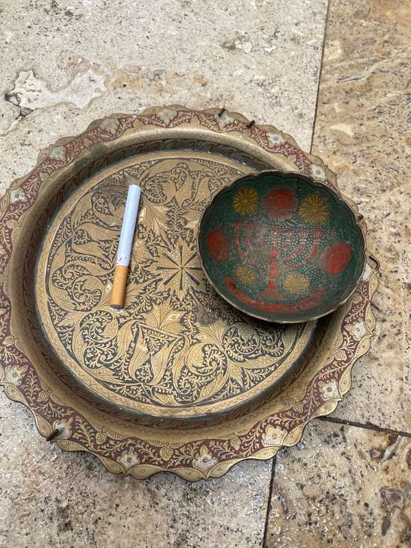 Vintage Israel Small Brass Footed Bowl detailed Menorah With brass ornate wall plate