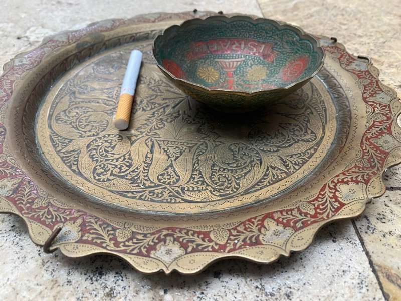Vintage Israel Small Brass Footed Bowl detailed Menorah With brass ornate wall plate