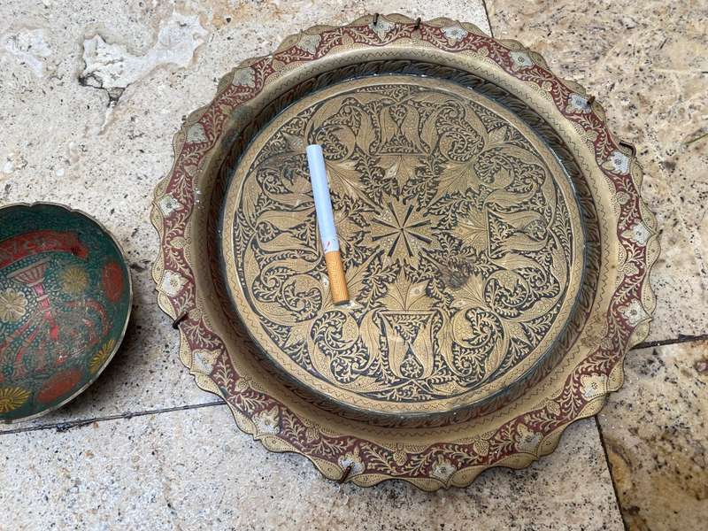 Vintage Israel Small Brass Footed Bowl detailed Menorah With brass ornate wall plate