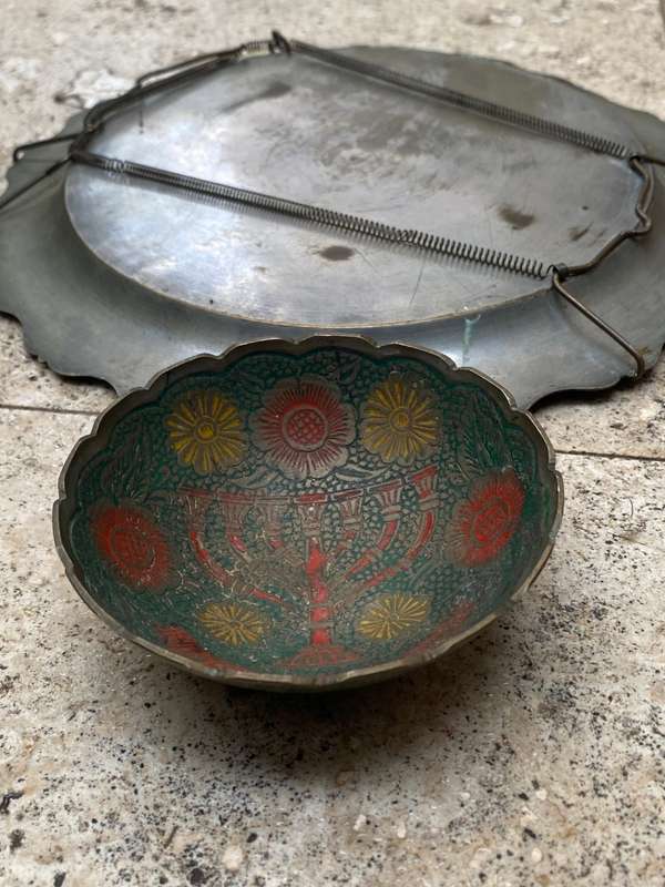 Vintage Israel Small Brass Footed Bowl detailed Menorah With brass ornate wall plate