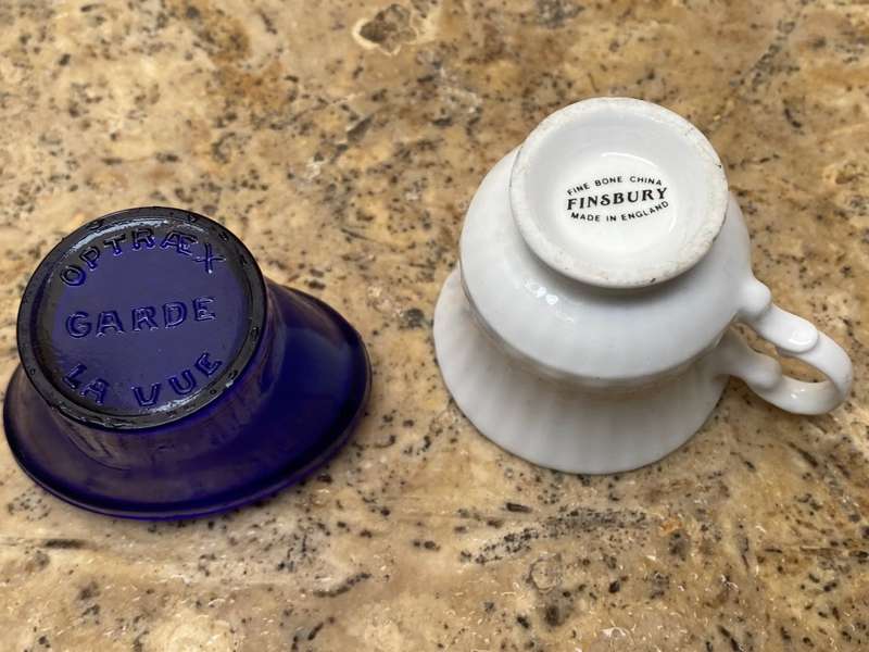 Vintage Optrex blue eye bath and miniature April teacup Finsbury pair