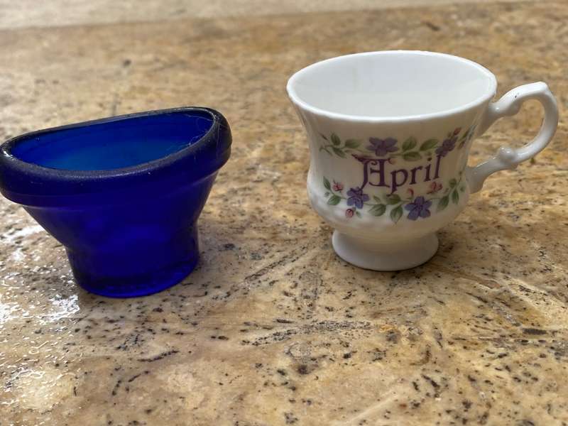 Vintage Optrex blue eye bath and miniature April teacup Finsbury pair