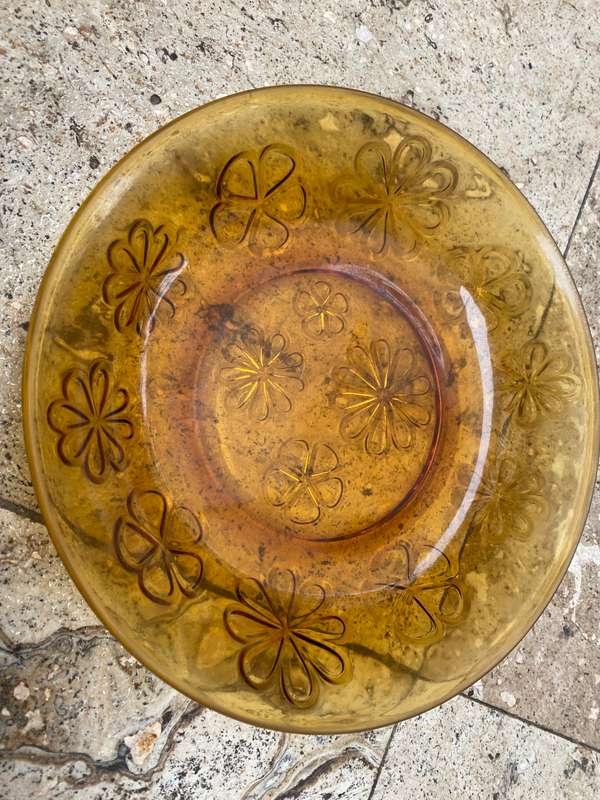 Vintage Floral Brown Glass Dish Bowl plate Vereco France 20.5 cm