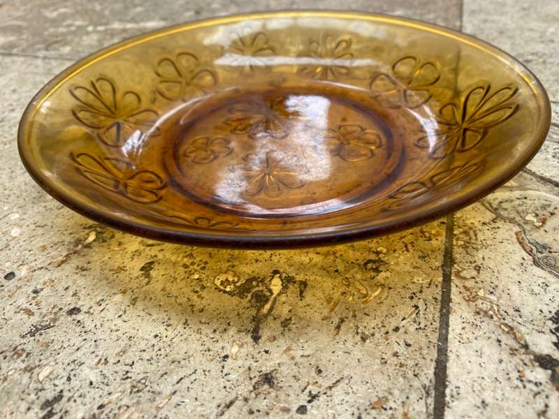 Vintage Floral Brown Glass Dish Bowl plate Vereco France 20.5 cm