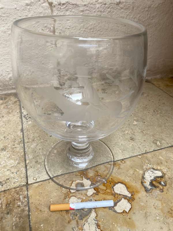 Antique large etched glass goblet horse dogs fox hunting trophy vase