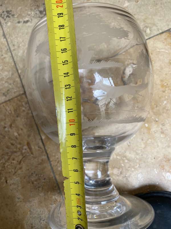 Antique large etched glass goblet horse dogs fox hunting trophy vase